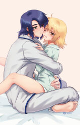 1boy 1girl alternate_costume aqua_pajamas athrun_zala bare_legs barefoot blonde_hair blue_hair brown_eyes cagalli_yula_athha cheek-to-cheek closed_mouth couple from_side green_eyes grey_pajamas grey_pants gundam gundam_seed heads_together hetero highres hug koban_(zouwqprlfvilaod) long_sleeves medium_hair pajamas pants soles straight_hair wavy_mouth