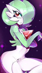 Rule 34 | bob cut, colored skin, dress, gardevoir, gen 3 pokemon, green hair, green skin, hair over one eye, highres, jun-kou, looking at viewer, multicolored skin, nintendo, parted lips, pokemon, pokemon (creature), red eyes, sparkle, two-tone skin, white dress, white skin