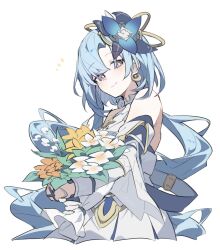 1girl bare_shoulders blue_hair cleavage_cutout clothing_cutout crescent crescent_earrings dress earrings flower griseo griseo_(cosmic_expression) hair_between_eyes hair_flower hair_ornament highres holding honkai_(series) honkai_impact_3rd jewelry light_blue_hair light_blush light_smile long_hair looking_at_viewer moon_(symbol) nonaa4141 purple_eyes skirt smile solo upper_body very_long_hair white_background white_dress