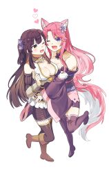 2girls absurdres animal_ears blue_eyes blush boots brown_hair ceri_(sakura_dungeon) commission commissioner_upload dotoram fox_ears fox_tail from_above full_body highres hug japanese_clothes leg_up multiple_girls non-web_source sakura_dungeon tail thighhighs yomi_(sakura_dungeon) yuri