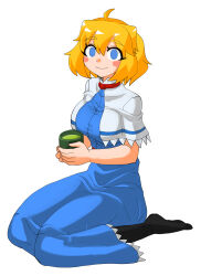 1girl ahoge alice_margatroid black_socks blonde_hair blue_dress blue_eyes blush_stickers breasts capelet closed_mouth commentary_request cookie_(touhou) cup dress empty_eyes full_body green_tea grin highres large_breasts looking_at_viewer no_shoes pyukasshori short_hair simple_background sitting smile socks solo tea touhou web_(cookie) white_background white_capelet yunomi