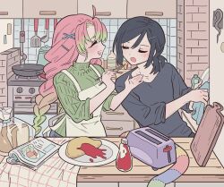 1boy 1girl apron black_hair black_shirt book braid bread brick_wall chopsticks closed_eyes commentary_request cutting_board feeding food frying_pan gradient_hair green_hair green_sweater highres holding holding_chopsticks iguro_obanai indoors kanroji_mitsuri kimetsu_no_yaiba kitchen korean_commentary long_hair long_sleeves meremero multicolored_hair omelet omurice open_mouth pink_hair plate shirt smile stove sweater table toaster twin_braids