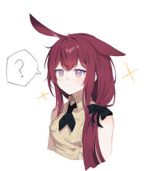 1girl ? absurdres animal_ears arknights bare_shoulders bow breasts brown_shirt closed_mouth collared_shirt cropped_torso hair_bow hair_over_shoulder highres long_hair medium_breasts neckerchief purple_eyes rabbit_ears ray_(arknights) red_hair shirt simple_background sleeveless sleeveless_shirt solo sparkle spoken_question_mark white_background zapik