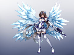 1girl bare_shoulders boots breasts brown_eyes brown_hair cleavage commentary_request detached_sleeves dress dual_wielding exs-tia_spica frilled_skirt frills full_body gem genderswap genderswap_(mtf) gloves gradient_background green_gemstone gunblade highres holding holding_weapon katsuragi_souma kouyoku_senki_exs-tia kozu_rokuta leotard long_hair low_twintails magical_girl pleated_skirt red_ribbon ribbon skirt solo thighhighs twintails very_long_hair weapon white_gloves white_skirt