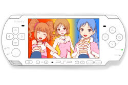 1boy 3girls alternate_eye_color blue_eyes blue_hair blush breasts brown_eyes brown_hair capelet closed_eyes commentary_request dress earrings facing_viewer gloves hagiwara_yukiho hand_grab handheld_game_console holding_another&#039;s_wrist idolmaster idolmaster_(classic) idolmaster_sp jewelry kisaragi_chihaya long_hair looking_at_viewer minazuki_tsuyuha multiple_girls open_mouth pink_capelet pink_dress playstation_portable pov pov_hands producer_(idolmaster) short_hair simple_background smile snow_strawberry_(idolmaster) sony strapless takatsuki_yayoi twintails white_background white_gloves