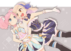 Rule 34 | 2girls, aikatsu!, aikatsu! (series), amahane madoka, asami (highway), blue eyes, blue hairband, dress, elbow gloves, gloves, hair ornament, hairband, idol, kurosawa rin, locked arms, long hair, looking at another, multiple girls, open mouth, pink hair, thighhighs, twintails, wing hair ornament, winged hair tie