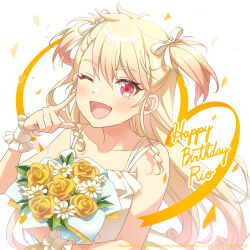 1girl absurdres artist_request bare_shoulders blonde_hair bouquet copyright_notice dress english_text fang flower hair_ribbon happy_birthday highres holding holding_bouquet long_hair looking_at_viewer official_art one_eye_closed open_mouth pointing pointing_at_self pointing_up red_eyes ribbon scrunchie seibu_rio shine_post simple_background solo two_side_up upper_body very_long_hair white_background white_dress white_ribbon wrist_scrunchie