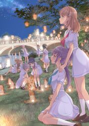 6+girls absurdres anyoji_hime aqua_eyes aqua_neckerchief arm_up arms_behind_back bent_over black_hair black_shoes blonde_hair blue_dress blue_hair blunt_bangs blunt_ends bob_cut breasts bridge brown_hair brown_shoes closed_mouth colored_inner_hair commentary dress frown fujishima_megumi full_body genyo_yako gradient_hair green_eyes grey_hair hair_ornament hands_clasped_in_delight hands_on_another&#039;s_shoulders hands_on_own_knees hasu_no_sora_school_uniform highres hinoshita_kaho inverted_bob kachimachi_kosuzu kobassy lantern link!_like!_love_live! loafers long_hair looking_up love_live! medium_breasts medium_dress medium_hair momose_ginko multi-tied_hair multicolored_hair multiple_girls murano_sayaka neckerchief night on_grass on_ground open_hand osawa_rurino otomune_kozue outdoors own_hands_clasped own_hands_together photo_background pink_hair pleated_dress ponytail profile puffy_short_sleeves puffy_sleeves purple_hair rabbit_hair_ornament red_hair red_neckerchief sailor_collar sailor_dress school_uniform shoes short_hair short_sleeves side_ponytail sitting smile socks squatting standing stargazing summer_uniform tree twintails two_side_up virtual_youtuber white_sailor_collar white_socks yellow_neckerchief yokozuwari yugiri_tsuzuri