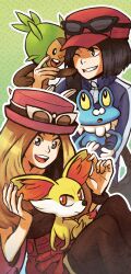 Rule 34 | 1boy, 1girl, animal ears, black hair, black thighhighs, blue jacket, brown hair, calem (pokemon), chespin, eyewear on headwear, fennekin, fox ears, fox tail, froakie, gen 6 pokemon, grey eyes, hat, jacket, nintendo, one eye closed, outline, pink hat, pokemon, pokemon (creature), pokemon xy, red hat, risako (gladyfaith), serena (pokemon), smile, sunglasses, tail, thighhighs, white outline