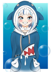 1girl animal_costume animal_hood arms_behind_back blue_eyes blue_hair blue_hoodie closed_mouth ecchimango gawr_gura gawr_gura_(1st_costume) highres hololive hololive_english hood hood_up hoodie medium_hair multicolored_hair shark_costume shark_hood sharp_teeth sidelocks smile solo streaked_hair teeth virtual_youtuber white_hair