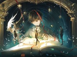 Rule 34 | 4boys, absurdres, arch, arms on table, bird, black hair, black suit, book, border, coat, demon horns, dove, feathered wings, formal clothes, full body, hair between eyes, haze, head tilt, highres, holding, holding phone, holding sword, holding weapon, horns, kim dokja, light particles, looking at object, mini person, miniboy, multiple boys, multiple persona, official alternate costume, oldest dream, omniscient reader&#039;s viewpoint, open book, open clothes, open coat, ornate border, phone, pillar, red ribbon, ribbon, sheath, short hair, sparkling eyes, star (symbol), star trail, string, string of fate, suit, sword, tack ka 2 0, too many, too many birds, unsheathing, walking, weapon, white coat, white wings, wings