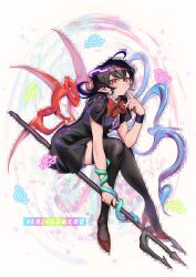 1girl absurdres asymmetrical_wings black_dress black_hair black_thighhighs blue_wings bow bowtie buttons center_frills closed_mouth commentary_request dress expressionless finger_to_cheek frills full_body glitch high_heels highres holding holding_polearm holding_weapon houjuu_nue invisible_chair leaning_forward looking_at_viewer medium_hair nue_day pointy_ears polearm red_bow red_bowtie red_eyes red_shoes red_wings shoes short_sleeves sitting snake solo thighhighs touhou trident weapon wings wristband yamazaki_tsukune