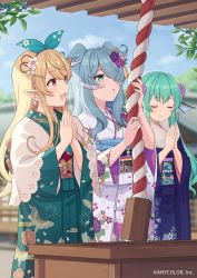 3girls :d :o asa_no_ha_(pattern) blonde_hair blue_eyes blue_kimono blurry blurry_background blush box brown_eyes closed_eyes copyright_notice day donation_box egasumi elira_pendora finana_ryugu fins fish_girl floral_print flower furisode green_kimono green_ribbon hair_behind_ear hair_flower hair_ornament hair_over_one_eye hair_ribbon head_fins head_wings highres japanese_clothes kikumon kimono lazulight long_hair looking_up multiple_girls neck_tattoo nijisanji nijisanji_en obi obiage obijime official_art open_mouth outdoors own_hands_together pointy_ears pomu_rainpuff print_kimono ribbon sakuramon sash sayagata seigaiha shiromikan smile tattoo virtual_youtuber white_flower white_kimono wide_sleeves wings