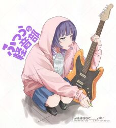 Rule 34 | 1girl, :o, black shoes, blue skirt, blunt bangs, collared shirt, commentary, copyright name, dress shirt, electric guitar, fujii ayame, full body, futsuu no keion-bu, gugu (gggg gu), guitar, highres, holding, holding guitar, holding instrument, holding plectrum, hood, hood up, hooded jacket, instrument, jacket, long sleeves, open clothes, open jacket, open mouth, pink jacket, plectrum, purple eyes, purple hair, school uniform, shirt, shoes, skirt, solo, squatting, twitter username, watermark, white background, white shirt
