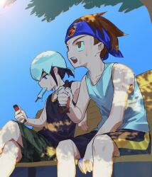 Rule 34 | 2boys, absurdres, bench, black hair, black shorts, black tank top, blue sky, brown eyes, brown hair, crossed legs, eugene chaud (mega man), food, green shorts, highres, holding, holding food, holding popsicle, hot, jinsu exe, lan hikari (mega man), male focus, mega man (series), mega man battle network (series), multicolored hair, multiple boys, popsicle, short hair, shorts, sitting, sky, summer, tank top, two-tone hair, white hair, white tank top
