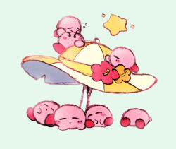 blush_stickers closed_eyes colored_skin green_background kirby kirby_(series) kirby_mass_attack multiple_persona niji2010 nintendo no_humans pink_skin star_(symbol) umbrella