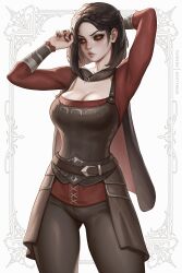 1girl alternate_costume bootybear braid breasts brown_cape brown_pants brown_shirt cape closed_mouth collarbone colored_sclera commentary cowboy_shot english_commentary highres large_breasts long_sleeves looking_at_viewer nail_polish pants red_eyes red_sclera serana shirt short_hair skindentation solo the_elder_scrolls the_elder_scrolls_v:_skyrim thighhighs white_background zettai_ryouiki