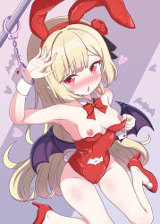 1girl absurdres animal_ears armpit_peek bat_wings blonde_hair blush bow bowtie breasts cameltoe clothing_cutout cuffs ecute fake_animal_ears fake_tail fang flower hair_flower hair_ornament handcuffs heart heart-shaped_pupils high_heels highres jashin-chan_dropkick leotard long_hair navel navel_cutout nipples open_mouth playboy_bunny pointy_ears rabbit_ears rabbit_tail red_eyes red_leotard rose small_breasts solo symbol-shaped_pupils tail wings ydayluca