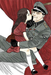 1boy 1girl age_difference bad_id bad_pixiv_id bed brown_hair butaneko_(butaneko_hanten) child dress gloves hetero kiss kneehighs nazi older_male_and_younger_female original sitting sitting_on_lap sitting_on_person socks world_war_ii