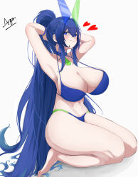 1girl argar_demo armpits azur_lane bare_shoulders bikini blue_bikini blue_eyes blue_hair breasts commentary_request full_body hair_between_eyes hair_intakes halterneck heart heterochromatic_eyewear high_ponytail highres huge_breasts long_hair navel new_jersey_(azur_lane) new_jersey_(midsummer_leisure)_(azur_lane) official_alternate_costume ponytail seiza signature simple_background sitting smile solo swimsuit tinted_eyewear very_long_hair