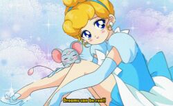 1990s_(style) 1girl =_= adapted_costume animification back_bow bad_id bad_twitter_id bare_legs bishoujo_senshi_sailor_moon blonde_hair blue_background blue_bow blue_choker blue_dress blue_eyes blue_eyeshadow blue_gloves blue_hairband bow bow_choker bowtie choker cinderella_(disney_character) cinderella_(disney_movie) closed_mouth commentary curly_hair dot_nose dress earrings elbow_gloves english_commentary eyelashes eyeshadow fake_screenshot faux_retro_artstyle film_grain foot_out_of_frame frilled_dress frills glass_slipper gloves hair_bun hairband hand_on_own_leg happy honeymoonpetal jewelry knees_up lace_background light_blush lipstick looking_at_viewer magical_girl makeup mouse_(animal) parody pink_lips puffy_short_sleeves puffy_sleeves retro_artstyle ringlets short_hair short_sleeves single_hair_bun sitting smile solo sparkle sphere_earrings style_parody two-tone_dress updo white_bow white_bowtie white_dress