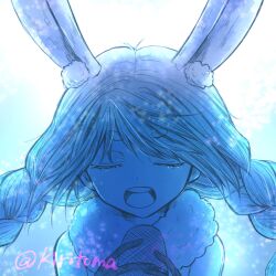 Rule 34 | 1girl, animal ear fluff, animal ears, bare shoulders, blue theme, braid, closed eyes, commentary request, don-chan (usada pekora), gloves, highres, holding, holding microphone, hololive, kiritoma, long hair, low twintails, microphone, open mouth, rabbit ears, round teeth, short eyebrows, solo, teeth, thick eyebrows, twin braids, twintails, twitter username, upper body, upper teeth only, usada pekora, virtual youtuber