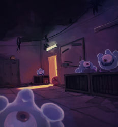abandoned absurdres board board_eraser box cable dark fang half-closed_eyes highres kirby kirby_(series) kirby_and_the_forgotten_land light light_rays locker monster needlous nintendo one-eyed room signature slime_(creature) spookstep suyasuyabi wooden_box