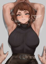 1boy 1girl absurdres armpits arms_behind_head artist_name bare_shoulders belt boku_no_hero_academia breasts brown_eyes brown_hair english_text heavy_breathing highres kalennoir large_breasts looking_at_viewer lying midoriya_izuku on_back pov scar scar_on_hand seductive_smile skirt sleeveless smile speech_bubble sweat sweater turtleneck turtleneck_sweater uraraka_ochako