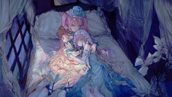 2girls absurdres ankle_bow ankle_ribbon bare_shoulders bedroom blue_bow blue_choker blue_dress blue_gloves blue_hat blue_veil bow brown_eyes chaogecc choker closed_eyes closed_mouth curtains dance_till_dawn_(infinity_nikki) dark daughter_of_the_lake_(infinity_nikki) detached_sleeves diamond_print dress elbow_gloves expressionless eyelashes feet_out_of_frame flower frilled_dress frilled_gloves frills gloves gown hat hat_ribbon highres hug indoors infinity_nikki lap_pillow light_blush lipstick lolita_fashion long_dress long_sleeves looking_at_another lying makeup medium_dress multiple_girls night nikki_(series) no_shoes official_alternate_color on_bed on_side orchid pantyhose pillow pink_lips pink_ribbon plaid_clothes plaid_gloves ribbon see-through_clothes see-through_veil sitting sleeping smile strapless strapless_dress stuffed_animal stuffed_toy teddy_bear top_hat vase veil vertical-striped_sleeves white_flower white_pantyhose white_sleeves white_wrist_cuffs window wrist_cuffs