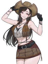 1girl absurdres armpits bare_shoulders belt belt_buckle black_gloves black_hair bracelet breasts brown_hair brown_hat brown_skirt brown_vest buckle cleavage commission cowboy_hat cowboy_shot cowgirl_(western) crisis_core_final_fantasy_vii crop_top cropped_vest final_fantasy final_fantasy_vii final_fantasy_vii_rebirth final_fantasy_vii_remake gloves hands_up hat highres holding holding_unworn_clothes holding_unworn_hat jewelry large_breasts leather_skirt leather_vest long_hair looking_at_viewer midriff miniskirt navel parted_lips pink_lips red_eyes simple_background skirt solo tifa_lockhart tifa_lockhart_(cowgirl) unworn_hat unworn_headwear vest white_background zeon_(zzeeonn)