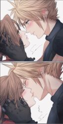 1boy 1girl aerith_gainsborough armor black_gloves blonde_hair blue_eyes blush brown_hair close-up closed_eyes cloud_strife couple earrings final_fantasy final_fantasy_vii final_fantasy_vii_rebirth final_fantasy_vii_remake furrowed_brow gloves green_eyes grey_shirt hair_ribbon hand_in_another&#039;s_hair hetero highres imminent_kiss jacket jewelry kiss long_hair looking_at_another parted_bangs pink_ribbon red_jacket ribbon shirt short_hair shoulder_armor signature single_earring single_shoulder_pad sleeveless sleeveless_turtleneck spiked_hair turtleneck upper_body white_background yuu_crazy_doll_sae