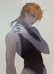 1boy baiyishaonian_huam birthmark black_nails blonde_hair dio_brando joestar_birthmark jojo_no_kimyou_na_bouken leotard male_focus nail_polish red_eyes simple_background sleeveless sleeveless_turtleneck solo turtleneck