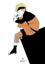 1boy blonde_hair blue_eyes closed_mouth forehead_protector full_body jacket long_sleeves male_focus naruto_(series) naruto_shippuuden ninja orange_jacket orange_pants pants sandals short_hair simple_background sitting solo spiked_hair uzumaki_naruto white_background zifletts