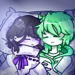 1boy 1girl black_hair blue_pillow blush closed_eyes colored_skin faydee green_hair green_hoodie green_shirt hair_over_one_eye holding_hands hood hoodie light_rays long_sleeves low_ponytail on_bed open_mouth original pillow ponytail purple_ribbon ribbon shirt short_sleeves sleeping turtleneck white_background white_blanket white_shirt white_skin
