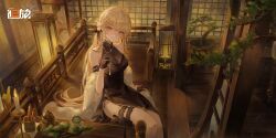 1girl architecture arm_support bare_shoulders black_dress black_gloves black_ribbon blonde_hair bonsai breasts candle china_dress chinese_clothes closed_mouth copyright_name cup dress east_asian_architecture feather_boa feet_out_of_frame flower frilled_thigh_strap girls&#039;_frontline girls&#039;_frontline_2:_exilium gloves groza_(girls&#039;_frontline_2) hair_flower hair_ornament hair_ribbon hand_up highres holding lantern logo long_hair looking_at_viewer medium_breasts official_art on_chair ots-14_(girls&#039;_frontline) ots-14_(sangria_succulent)_(girls&#039;_frontline) paper_lantern pelvic_curtain plant potted_plant ribbon saucer sitting sleeveless sleeveless_dress smile solo teacup thigh_strap white_flower wooden_floor yellow_eyes