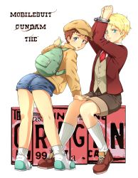2boys amuro_ray backpack bad_id bad_pixiv_id bag blonde_hair blue_eyes brown_hair casval_rem_deikun char_aznable child cuffs gundam handcuffs hat highres mobile_suit_gundam_the_origin multiple_boys naiya restrained short_hair shorts sitting vest aged_down