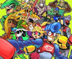 2others 6+boys 6+girls arms_(game) artist_name barq biff_(arms) black_sclera blonde_hair blue_eyes blue_hair brown_hair byte_(arms) cello_us clown colored_sclera dark-skinned_male dark_skin dr._coyle dragon everyone eyes_visible_through_hair flexing gloves green_background green_eyes green_hair grin hair_ribbon helix_(arms) heterochromia kid_cobra lola_pop long_hair looking_at_viewer looking_back mask master_mummy_(arms) matching_hair/eyes max_brass mechanica_(arms) min_min_(arms) misango multicolored_hair multiple_boys multiple_girls multiple_others muscular ninja nintendo no_pupils one_eye_closed open_mouth pink_ribbon profile purple_eyes red_eyes ribbon ribbon_girl_(arms) robot shiny_clothes shiny_skin short_hair silver_hair smile speech_bubble spring_man_(arms) springtron teeth twintails twintelle_(arms) two-tone_hair wink yellow_eyes