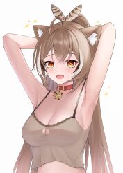 1girl animal_ears armpits arms_up black_hair breasts brown_eyes brown_hair camisole cat_cutout cat_ears cat_girl cleavage clothing_cutout collar feather_hair_ornament feathers grey_camisole hair_ornament highres hololive hololive_english large_breasts long_hair multicolored_hair nanashi_mumei open_mouth ponytail simple_background solo streaked_hair sweat unmeidesu virtual_youtuber white_background white_hair