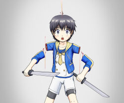 1boy :o ahoge amputated_arm amputation amputee bad_tag blood blood_splatter blue_hoodie dagger disembodied_arm fighting grey_eyes guro holding holding_dagger holding_knife holding_weapon hood hoodie knife male male_focus necktie original school_uniform serafuku severed severed_arm severed_limb shorts shota silver_hair siritotechin weapon