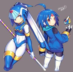 Rule 34 | 1boy, 1girl, ahoge, artist name, black pantyhose, blue eyes, blue footwear, blue hair, blush, bodysuit, boots, breasts, capcom, closed mouth, dated, fairy leviathan (mega man), iroyopon, long hair, looking at viewer, medium breasts, mega man (series), mega man zero (series), mega man zx, mega man zx advent, pantyhose, red eyes, short hair, signature, smile, thetis (mega man), thigh boots, thighhighs