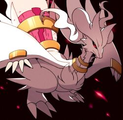 black_sclera claws closed_mouth colored_sclera gen_5_pokemon legendary_pokemon nintendo no_humans pokemon pokemon_(creature) red_eyes reshiram sana_(sanaa653) smile standing twitter_username white_hair wings