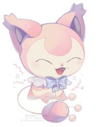 Rule 34 | ^ ^, blue bow, blue bowtie, blush, bow, bowtie, closed eyes, commentary, fang, full body, gen 3 pokemon, happy, highres, iwasi 29, nintendo, no humans, open mouth, pokemon, pokemon (creature), simple background, skin fang, skitty, smile, solo, symbol-only commentary, twitter username, watermark, white background