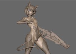 1boy 3d androgynous animal_ears artist_request bare_shoulders blue_eyes bodysuit boots bulge cat_ears curvy erection erection_under_clothes fake_animal_ears fake_tail gloves highleg highleg_leotard highres holding holding_weapon homare_nao legs_apart leotard moaning monochrome nipples open_mouth shiny_skin short_hair simple_background solo tail taimanin_(series) taimanin_rpgx tongue tongue_out trap upper_body weapon white_hair
