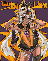 1girl armpits arms_up character_name closed_mouth cowboy_shot dark-skinned_female dark_skin facial_mark genshin_impact green_pupils grey_hair grey_shorts headband iansan_(genshin_impact) jacket jewelry leg_tattoo legs_apart long_hair looking_at_viewer pendant raised_eyebrow short_shorts shorts single_thighhigh skull skull_on_head sleeveless sleeveless_jacket smile solo standing tattoo thighhighs twintails unworn_clothes very_long_hair witherking