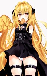Rule 34 | 1girl, armpit crease, bare shoulders, baru 4416, black dress, black sleeves, blonde hair, breasts, clothing cutout, cowboy shot, detached sleeves, dress, food, food in mouth, grey background, hair ornament, konjiki no yami, leg belt, long hair, panties, red eyes, simple background, solo, star cutout, sweatdrop, taiyaki, thigh strap, to love-ru, to love-ru darkness, two side up, underwear, very long hair, wagashi, white background, white panties