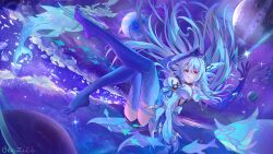 Rule 34 | 1girl, absurdres, all-devouring narwhal (genshin impact), arms up, artist name, bare shoulders, barefoot, benzi li, breasts, closed mouth, colored extremities, commentary request, crystal shards, dress, floating hair, frown, full body, genshin impact, hair between eyes, highres, large breasts, legs up, long hair, looking at viewer, pink eyes, planet, purple hands, skirk (genshin impact), sky, solo, space, star (sky), starry sky, toes, whale, white dress, white hair
