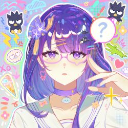 Rule 34 | 1girl, abstract background, adjusting eyewear, alternate costume, blunt bangs, chinese commentary, choker, collarbone, genshin impact, glasses, gradient background, hair ornament, hairclip, hand on eyewear, hand up, highres, jingjingjintianbuxianghuahua, long hair, looking at viewer, mole, mole under eye, multicolored eyes, multicolored hair, open mouth, portrait, purple-framed eyewear, purple choker, purple eyes, purple hair, purple nails, raiden shogun, sailor collar, sailor shirt, shade, shirt, solo, sticker, streaked hair, too many hair ornaments, upper body, white sailor collar