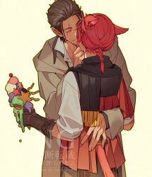 2boys adventurer_(ff14) animal_ears beard_stubble black_scarf bracer braid braided_ponytail brown_coat brown_hair cat_boy cat_ears cat_tail closed_eyes clothing_cutout coat facial_hair ffxivys final_fantasy final_fantasy_xiv food from_behind g&#039;raha_tia hair_ornament hand_on_another&#039;s_back holding holding_food holding_ice_cream hyur ice_cream low_ponytail male_focus miqo&#039;te multiple_boys ponytail red_hair scar scar_across_eye scar_on_face scarf short_hair simple_background single_braid smile standing stubble tail tail_through_clothes warrior_of_light_(ff14) watermark x_hair_ornament yaoi yellow_background