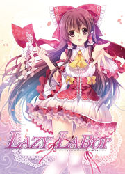 Rule 34 | 1girl, adapted costume, ascot, bare shoulders, bow, brown eyes, brown hair, detached sleeves, female focus, frilled sleeves, frills, gohei, hair bow, hair tubes, hakurei reimu, haraegushi, highres, long hair, oonusa, outstretched hand, petals, sakurano ru, sash, solo, thighhighs, touhou, very long hair, white thighhighs