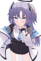 1girl arona_(blue_archive) bare_legs black_gloves black_jacket black_skirt blue_archive blue_necktie blush breasts coat commentary_request gloves hair_between_eyes hair_ornament half_gloves halo highres holding holding_bill jacket long_hair long_sleeves looking_at_viewer medium_breasts multicolored_jacket necktie nonddu off_shoulder open_clothes open_jacket open_mouth parted_bangs pleated_skirt purple_eyes purple_hair receipt shirt sidelocks skirt solo twintails two-tone_jacket two_side_up white_coat white_shirt yuuka_(blue_archive)